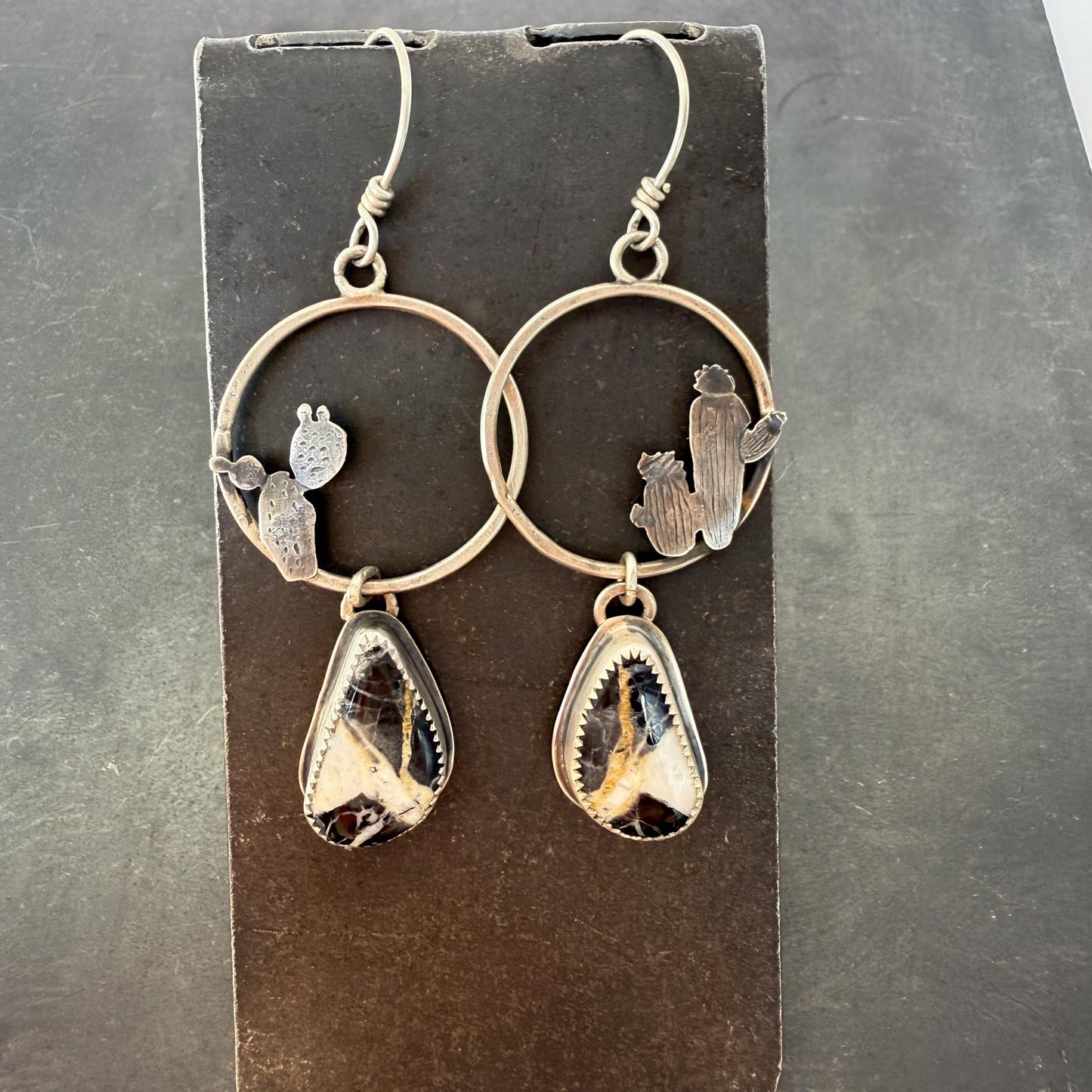 White Buffalo Turquoise Hoop Earrings in Sterling Silver with Hand-Sawn Cactus Design