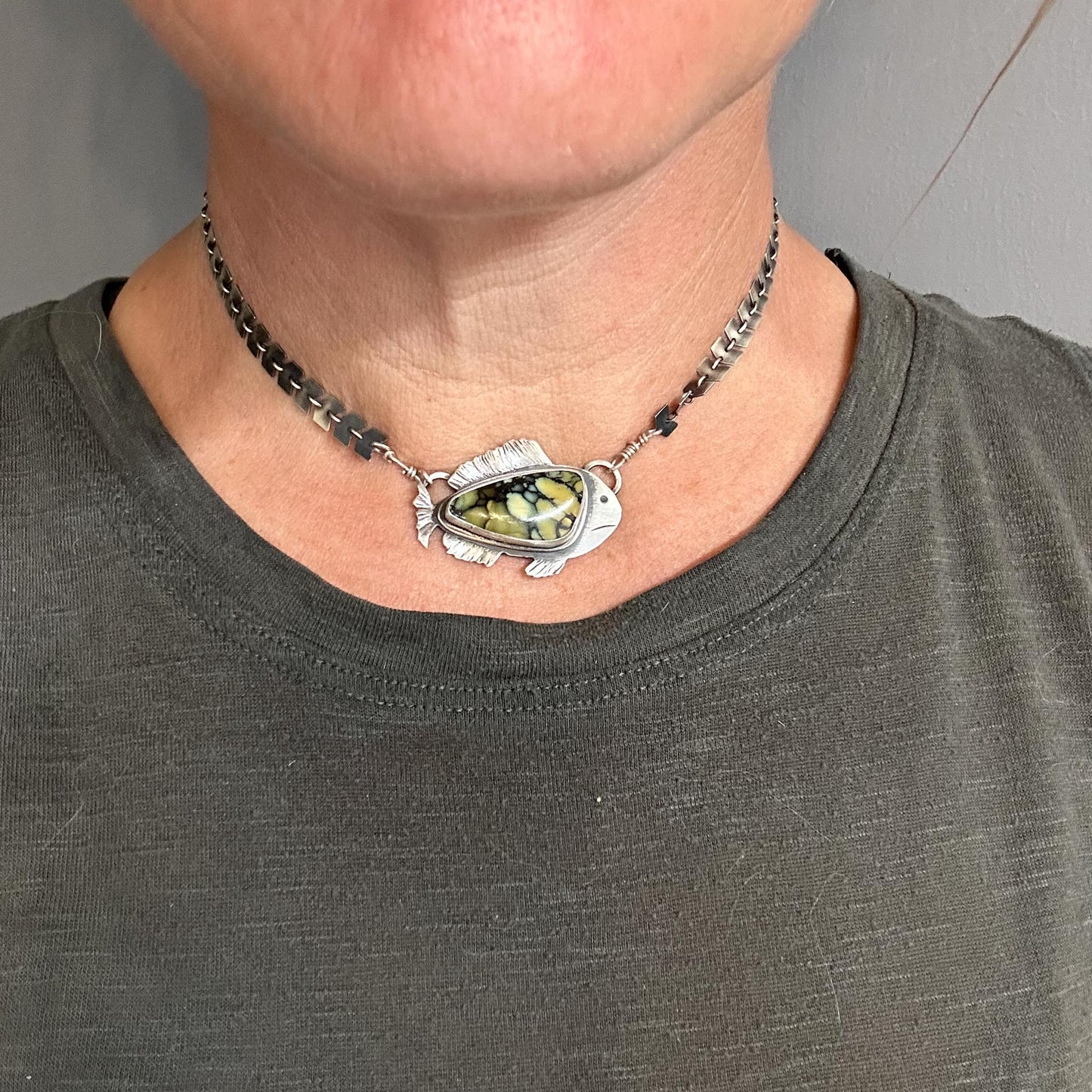 Hand-Fabricated Fish Pendant | New Lander Variscite Necklace | Sterling Silver Movement-Inspired Jewelry
