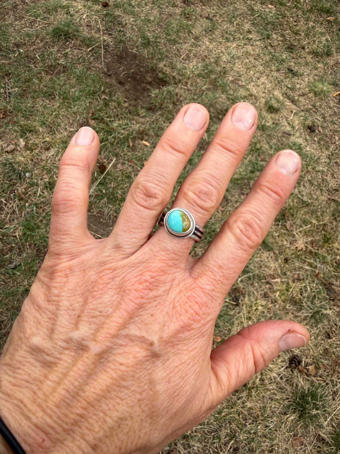 Hand wearing a turquoise ring on a grassy background