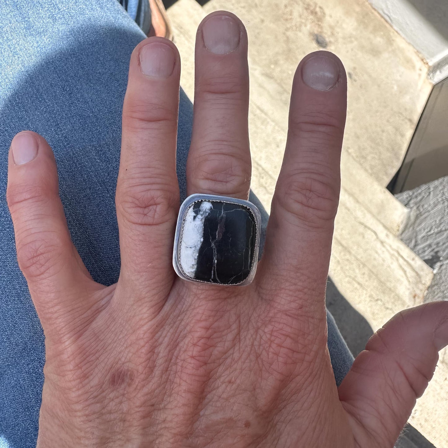 White Buffalo Turquoise Ring | Unisex Square Statement Ring in Sterling Silver | Size 8.75