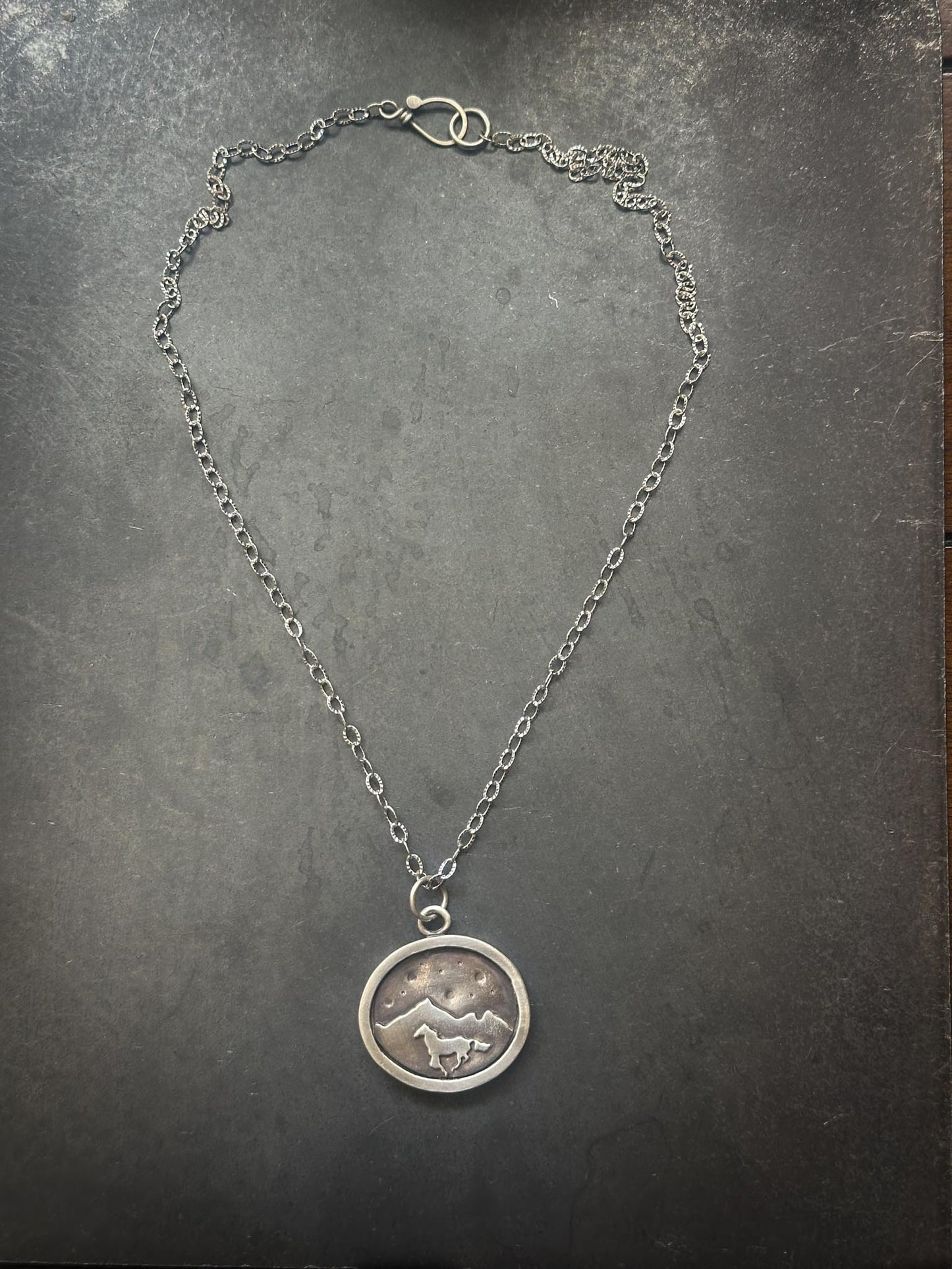 Handmade Sterling Silver Horse Necklace | Galloping Horse Mountain Scene Silver Necklace