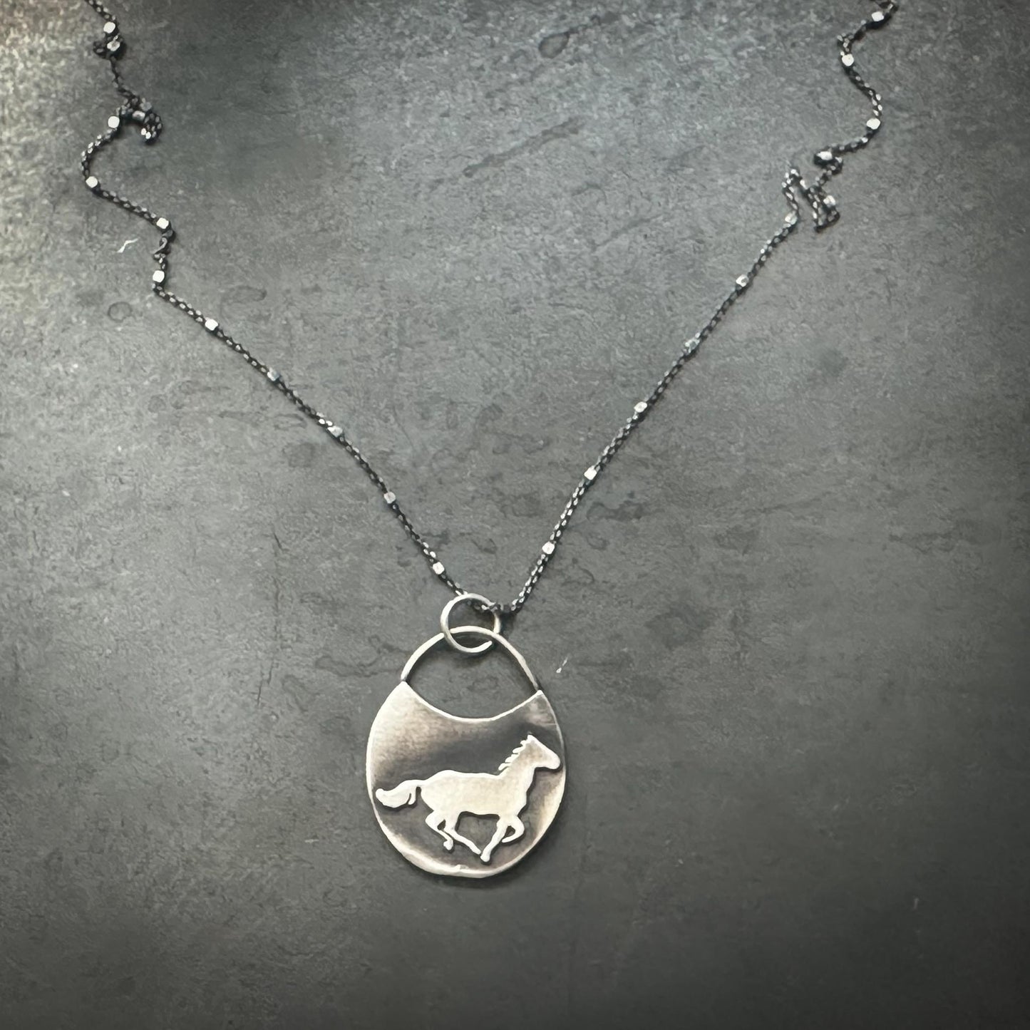 Sterling Silver Horse Talisman Necklace | Galloping Horse on Full Moon