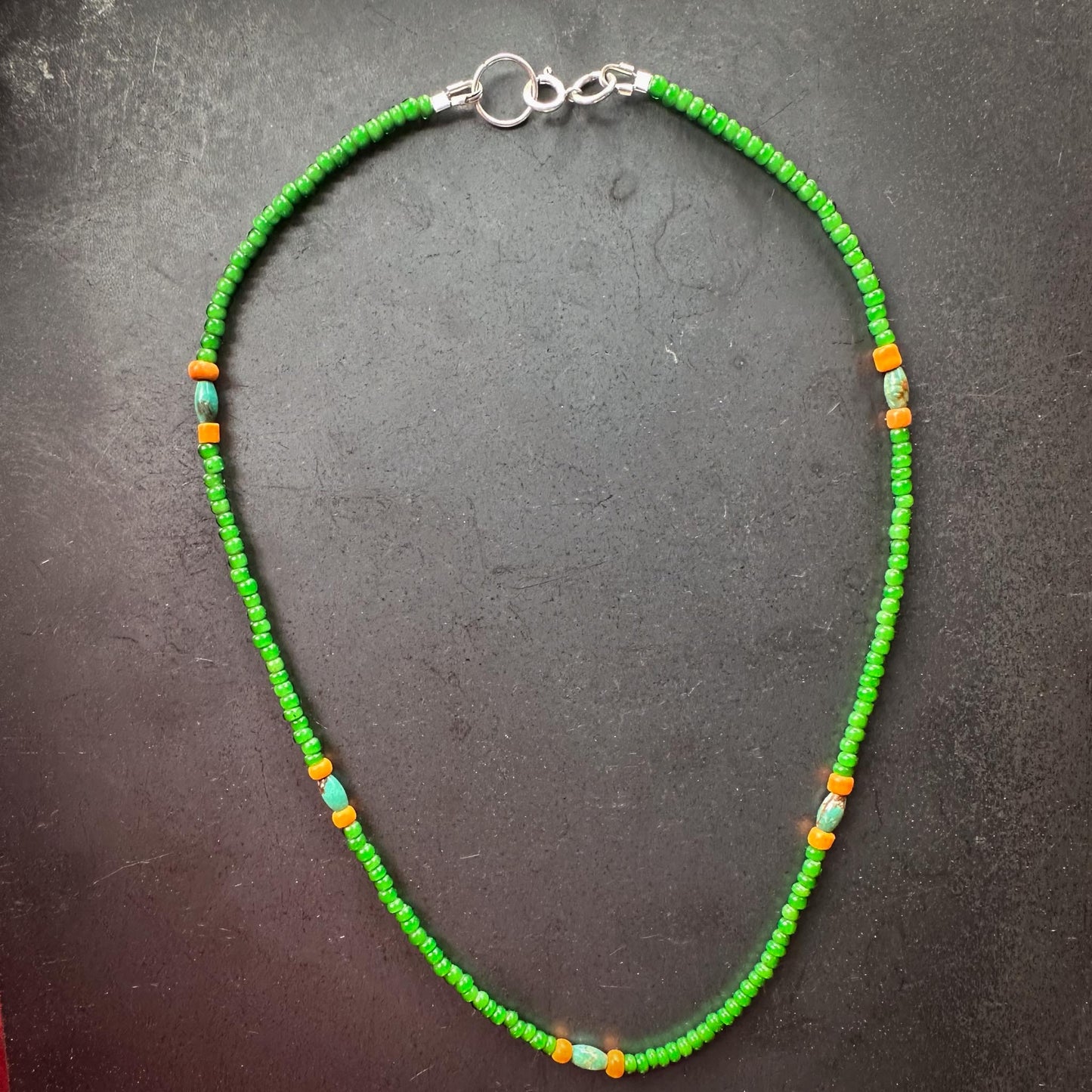 Color Drift Necklace | Green African Trade Beads with Turquoise | Hand-Fabricated Sterling Silver