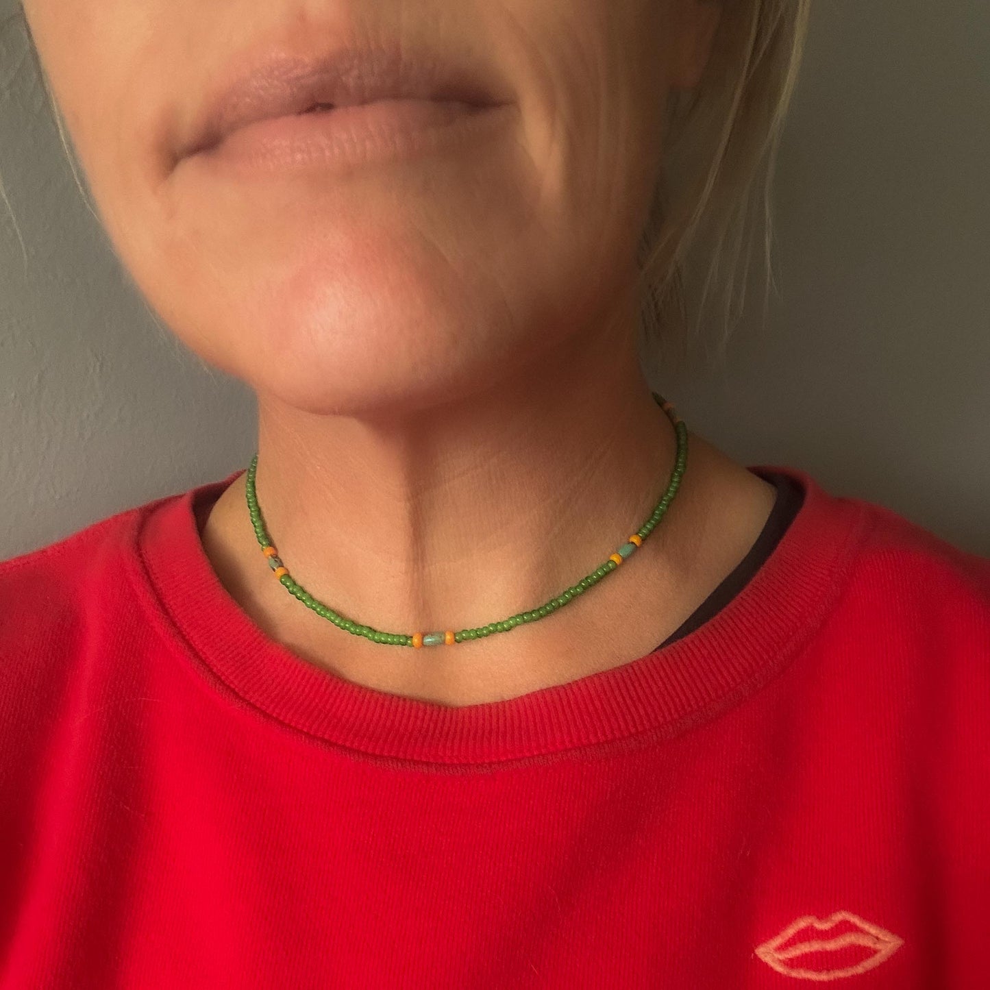 Color Drift Necklace | Green African Trade Beads with Turquoise | Hand-Fabricated Sterling Silver