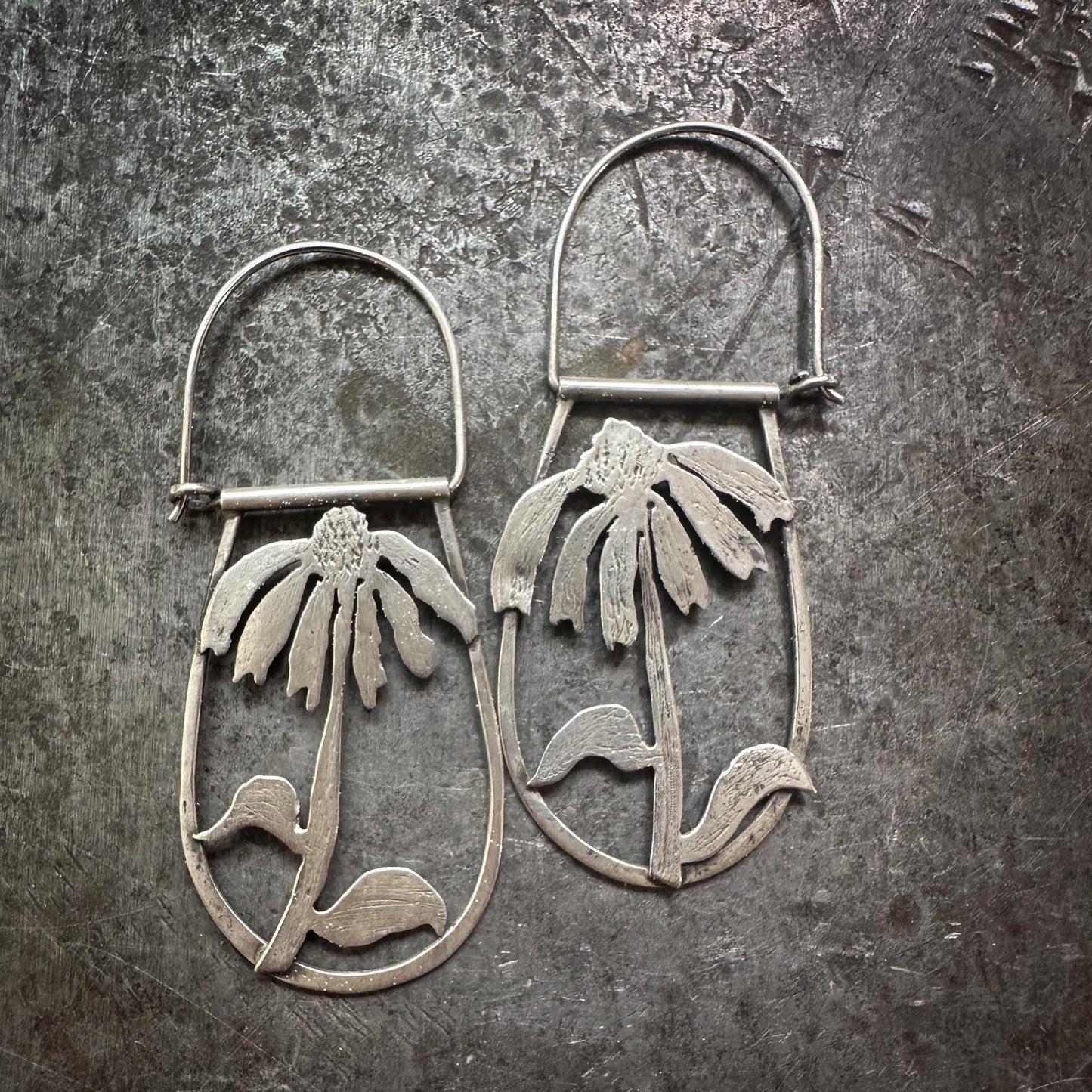 Sterling Silver Echinacea Earrings | Hand-Fabricated Botanical Design | Side-Facing Floral Hoops