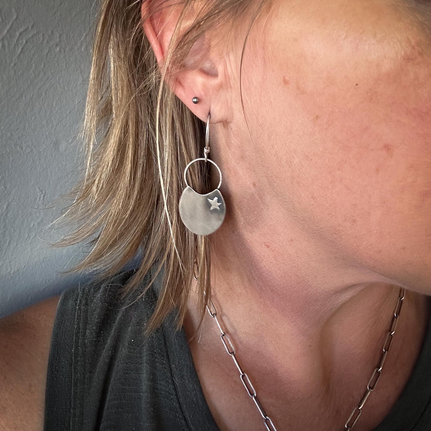 Celestial Crescent Disc Earrings | Sterling Silver + Hand-Pierced Stars | Ride the Wind Collection