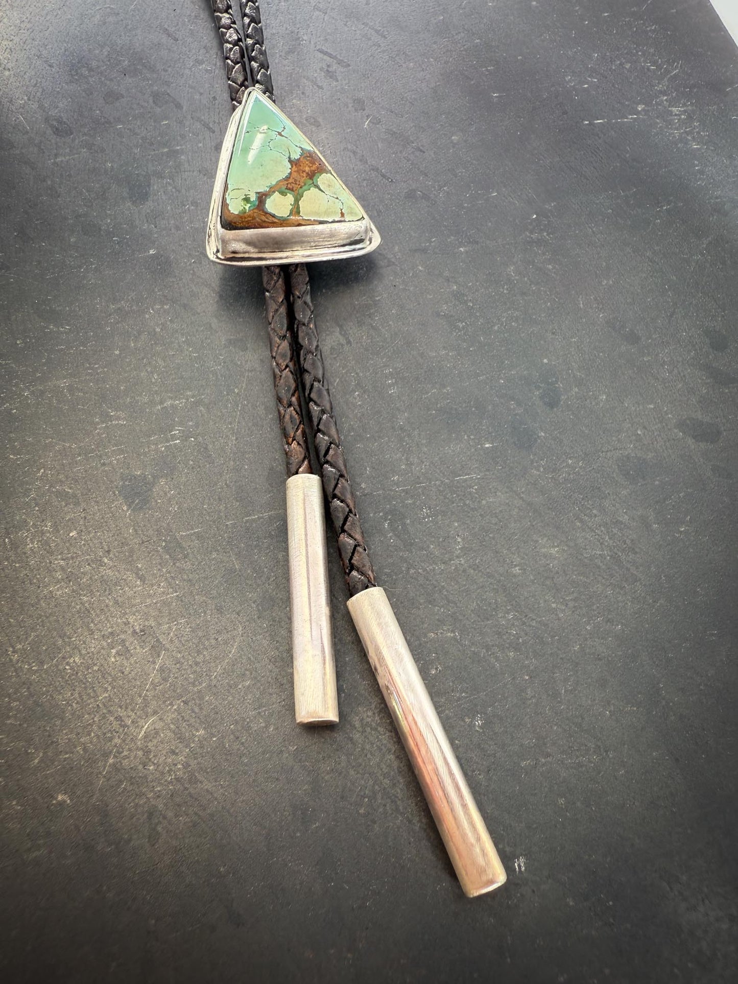 Royston Turquoise Bolo Tie | Triangle Sterling Silver Setting | 3mm Brown Leather Cord | Handmade Silver Tips | Handmade in Durango