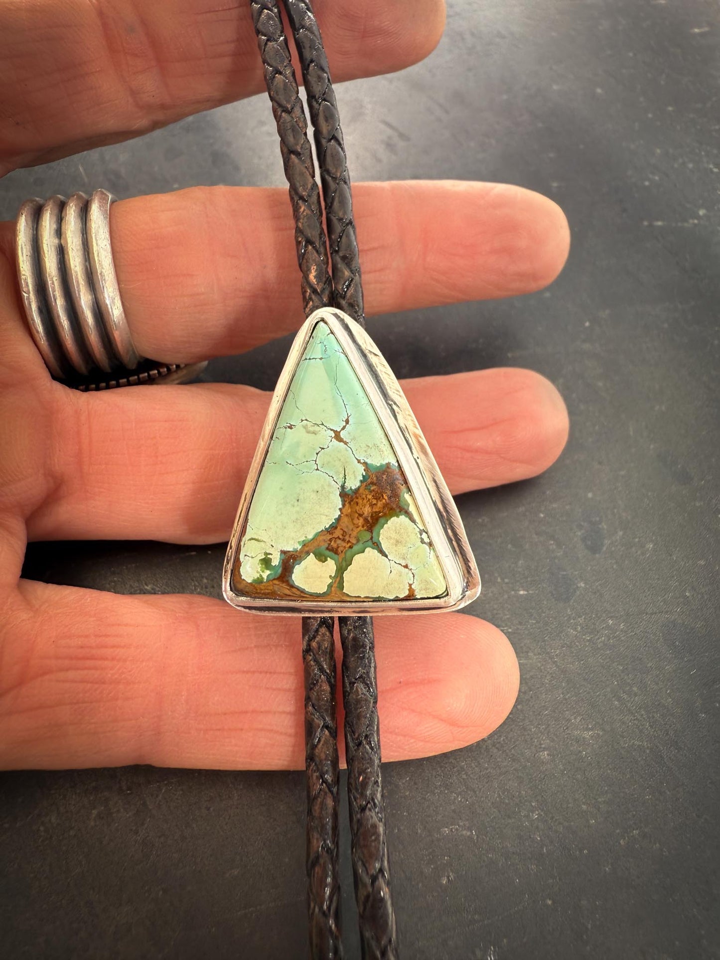 Royston Turquoise Bolo Tie | Triangle Sterling Silver Setting | 3mm Brown Leather Cord | Handmade Silver Tips | Handmade in Durango