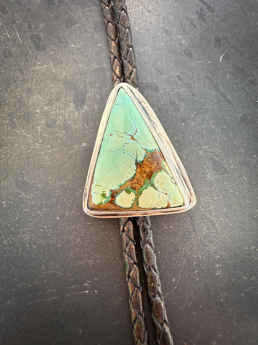 Royston Turquoise Bolo Tie | Triangle Sterling Silver Setting | 3mm Brown Leather Cord | Handmade Silver Tips | Handmade in Durango