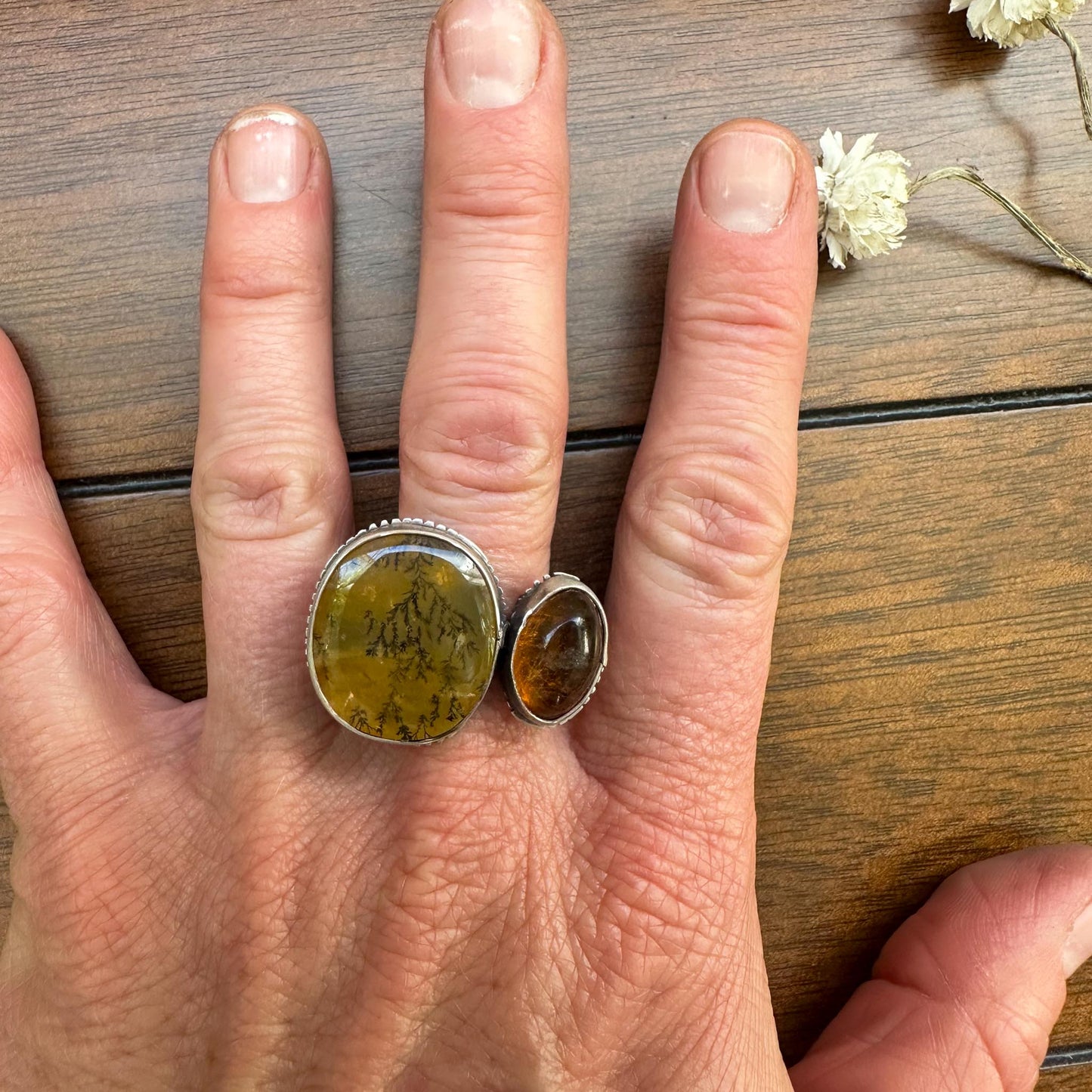 Dendritic Quartz and Amber Ring