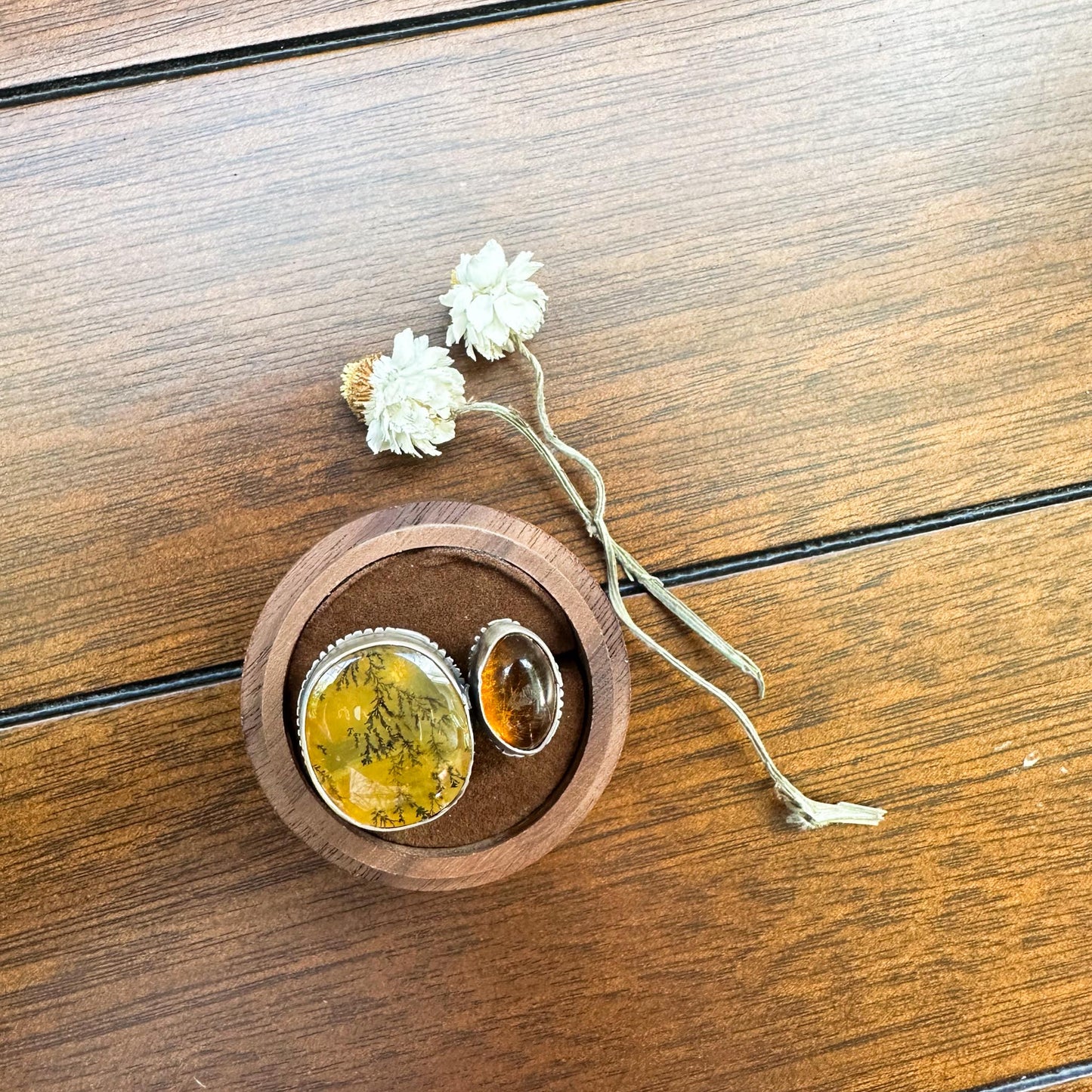 Dendritic Quartz and Amber Ring