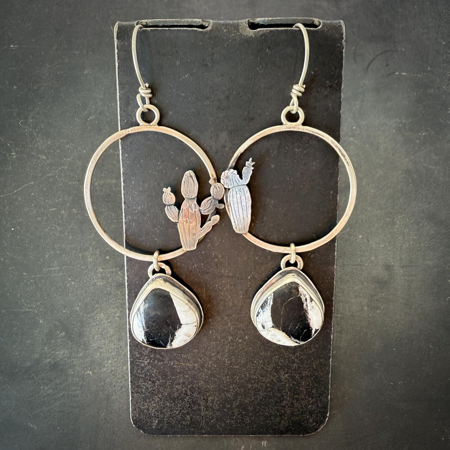 White Buffalo Turquoise Hoop Earrings in Sterling Silver with Hand-Sawn Saguaro Cactus Design