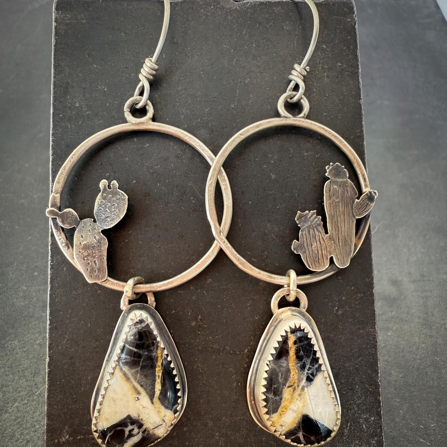 White Buffalo Turquoise Hoop Earrings in Sterling Silver with Hand-Sawn Cactus Design