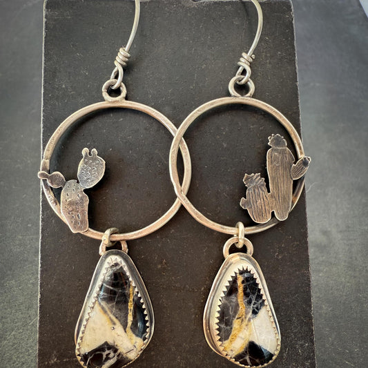 White Buffalo Turquoise Hoop Earrings in Sterling Silver with Hand-Sawn Cactus Design