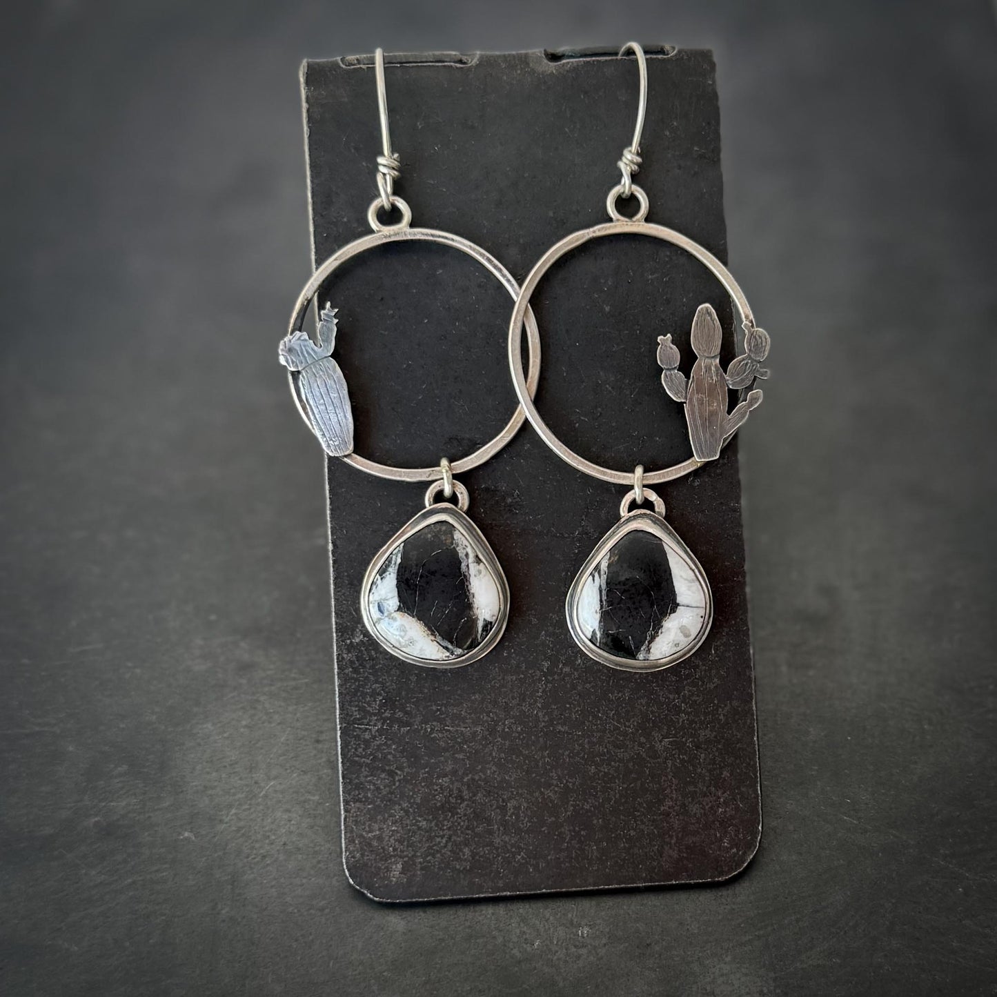 White Buffalo Turquoise Hoop Earrings in Sterling Silver with Hand-Sawn Saguaro Cactus Design