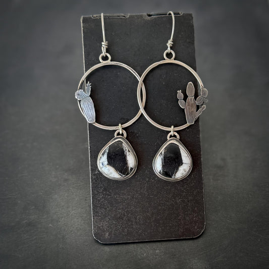 White Buffalo Turquoise Hoop Earrings in Sterling Silver with Hand-Sawn Saguaro Cactus Design