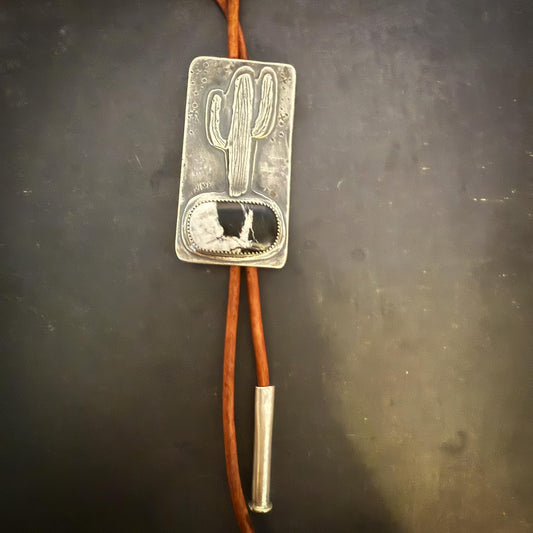 Sterling Silver Saguaro Bolo Tie with White Buffalo Turquoise and Hand-Stamped Desert Sky