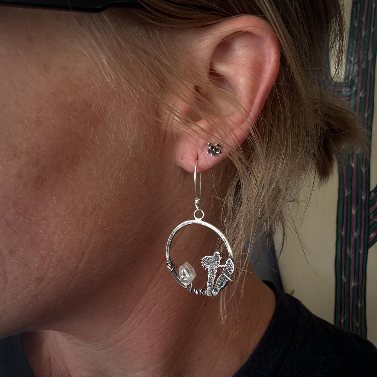 Sterling Silver Hoop Earrings with Hand-Sawn Cholla Cactus Design and Herkimer Diamond