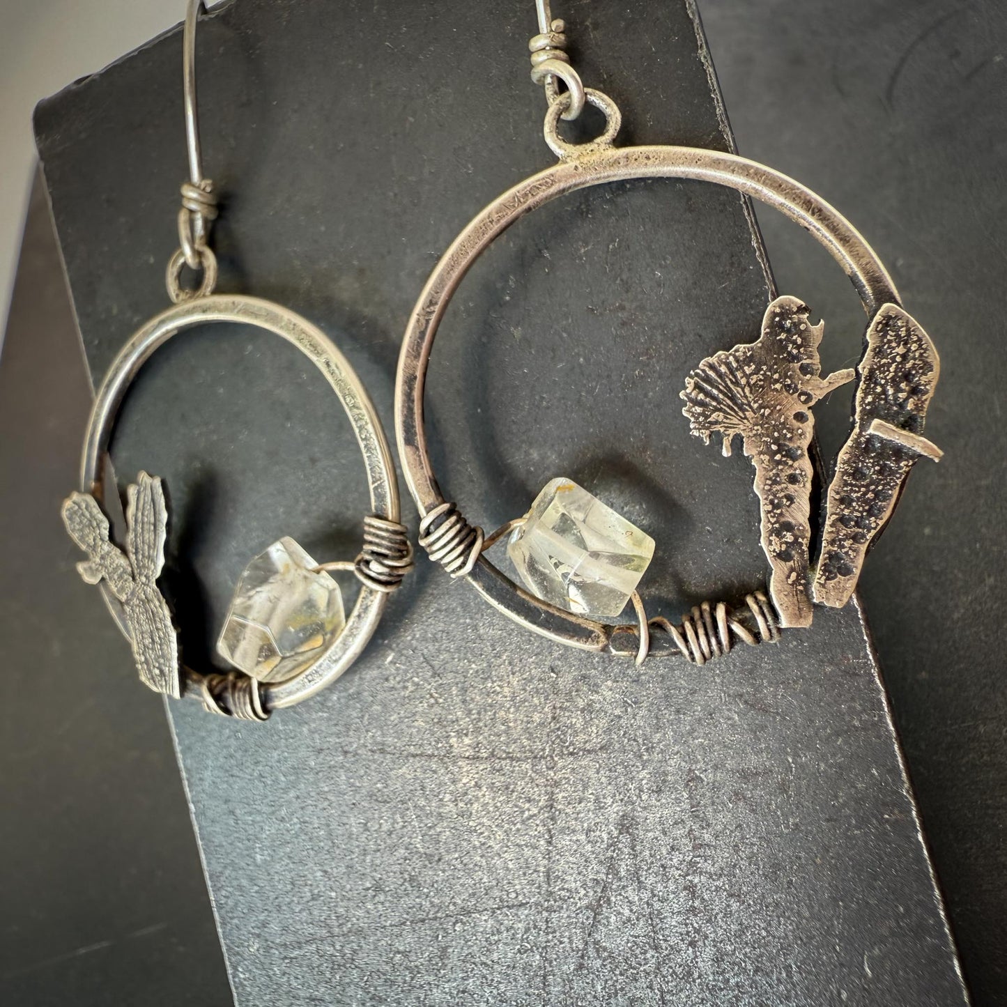 Sterling Silver Hoop Earrings with Hand-Sawn Cholla Cactus Design and Herkimer Diamond