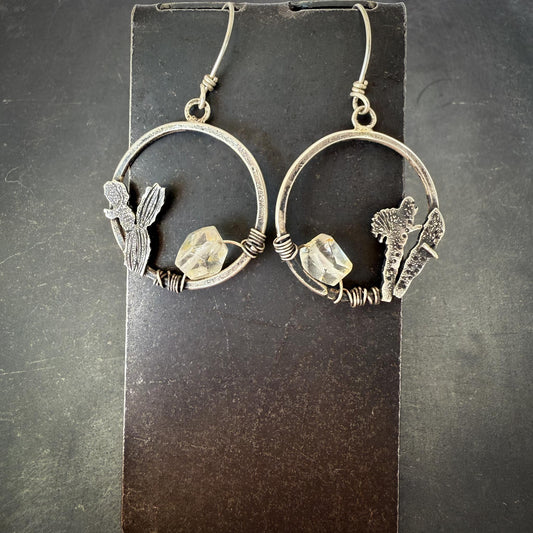 Sterling Silver Hoop Earrings with Hand-Sawn Cholla Cactus Design and Herkimer Diamond