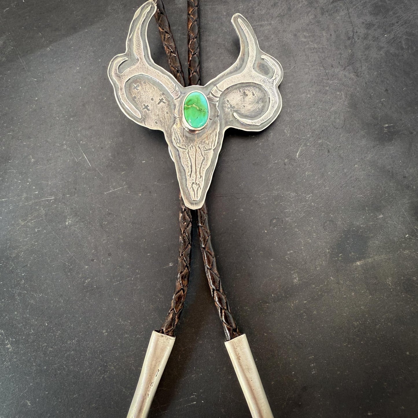 Sterling Silver Mule Deer Skull Bolo Tie with Sonoran Gold Turquoise