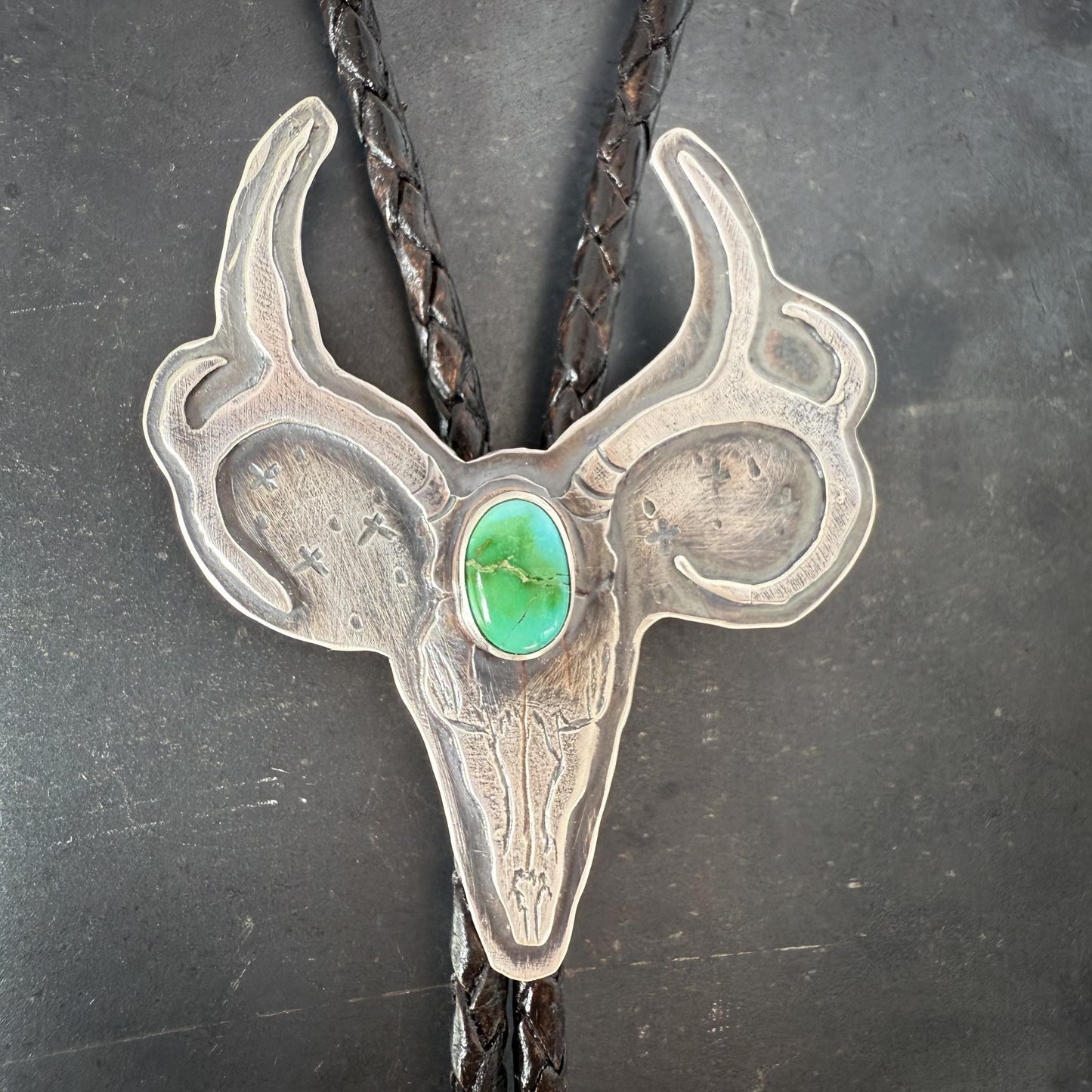Sterling Silver Mule Deer Skull Bolo Tie with Sonoran Gold Turquoise