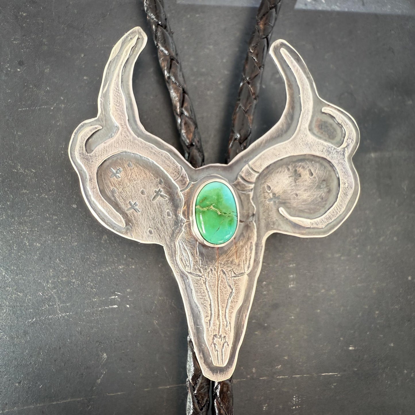Sterling Silver Mule Deer Skull Bolo Tie with Sonoran Gold Turquoise