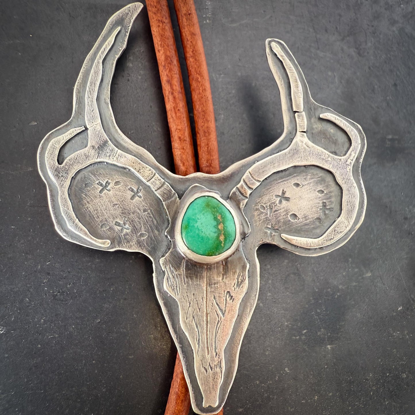 Sterling Silver Mule Deer Skull Bolo Tie with Sonoran Gold Turquoise