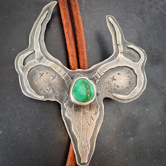 Sterling Silver Mule Deer Skull Bolo Tie with Sonoran Gold Turquoise