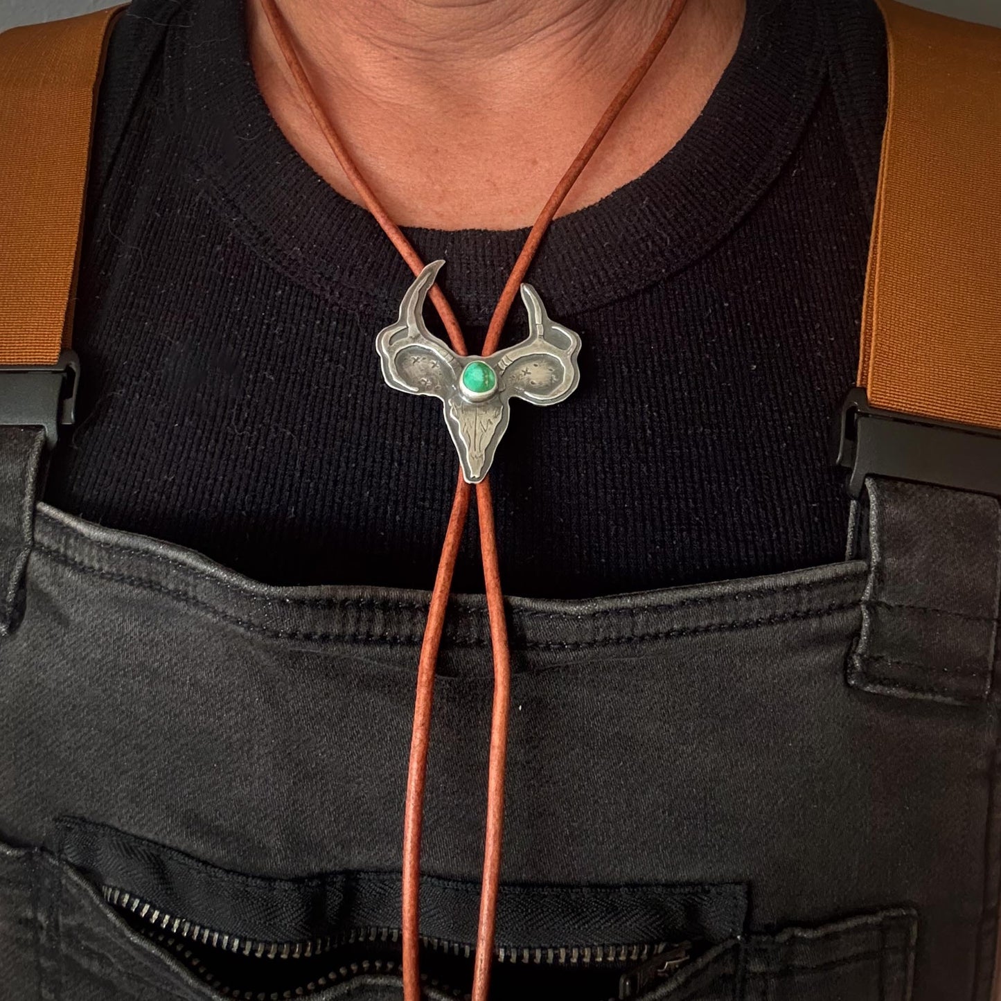 Sterling Silver Mule Deer Skull Bolo Tie with Sonoran Gold Turquoise