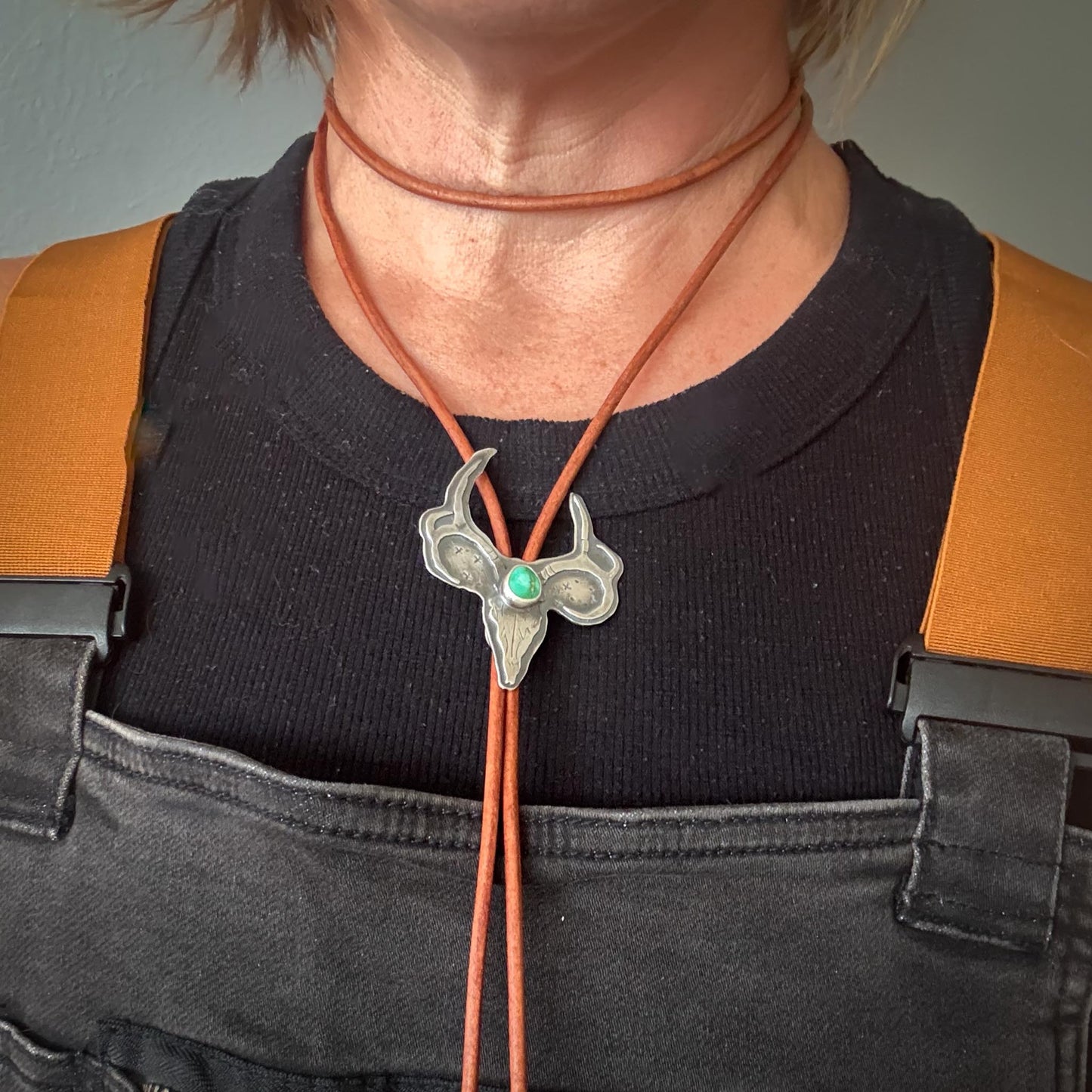Sterling Silver Mule Deer Skull Bolo Tie with Sonoran Gold Turquoise