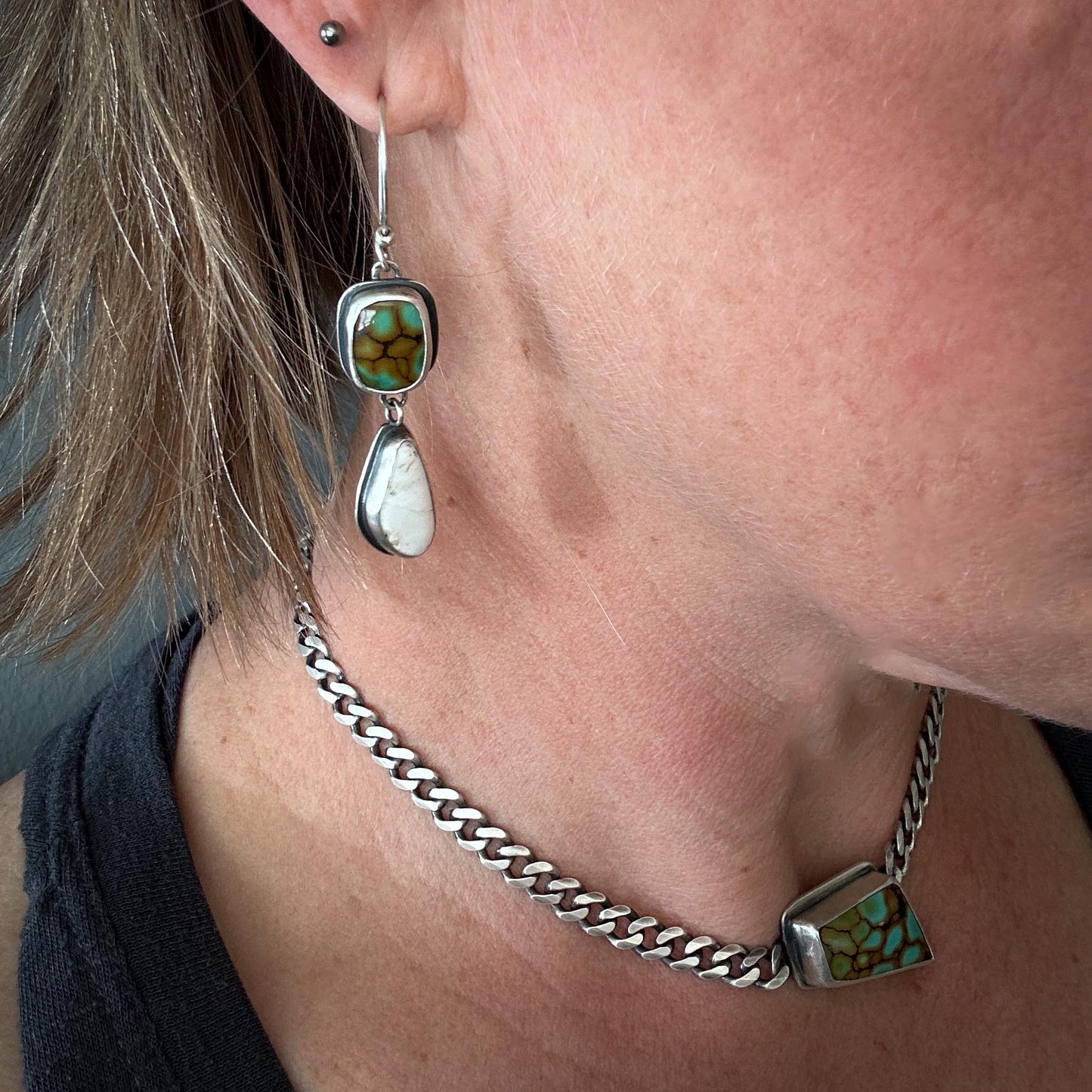 Hubei Cloud Mountain Turquoise + White Buffalo Dangle Earrings | Sterling Silver Statement Pair | Force Earrings