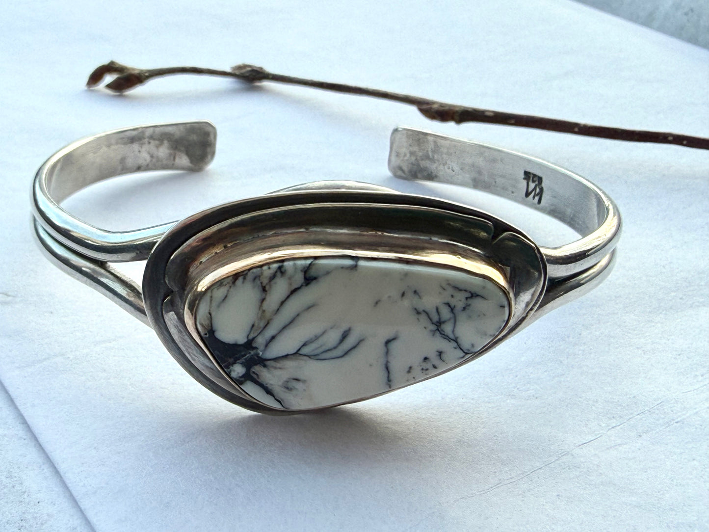 White Buffalo Turquoise Cuff Bracelet | Gold Fill Bezel Trapezoid Stone | Stand Collection