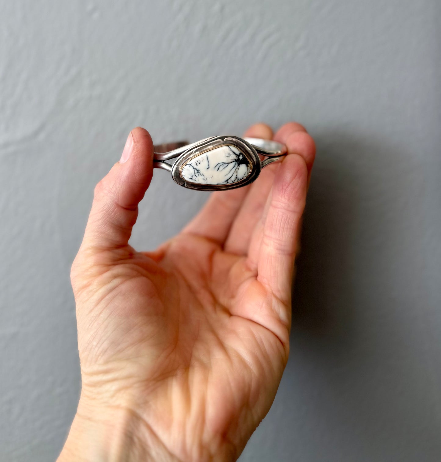 White Buffalo Turquoise Cuff Bracelet | Gold Fill Bezel Trapezoid Stone | Stand Collection