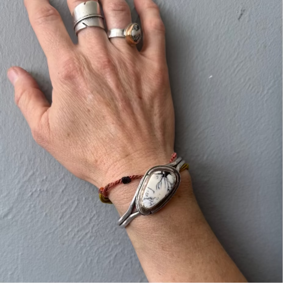 White Buffalo Turquoise Cuff Bracelet | Gold Fill Bezel Trapezoid Stone | Stand Collection