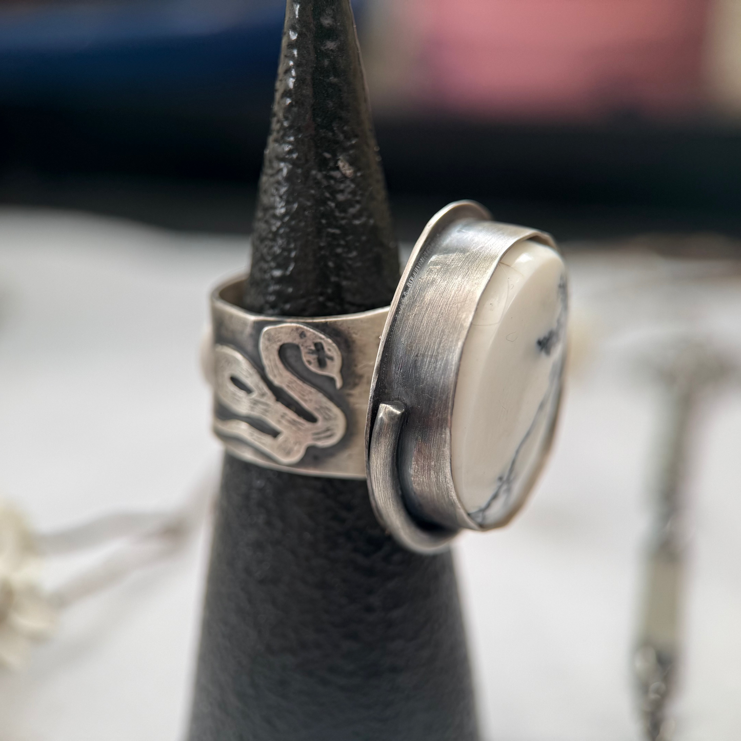 White Buffalo Turquoise Statement Ring | Sterling Silver Armadillo Serpent Band | Made to finish