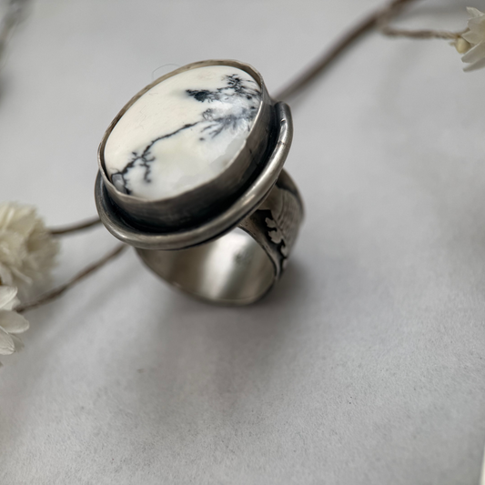 White Buffalo Turquoise Statement Ring | Sterling Silver Armadillo Serpent Band | Made to finish