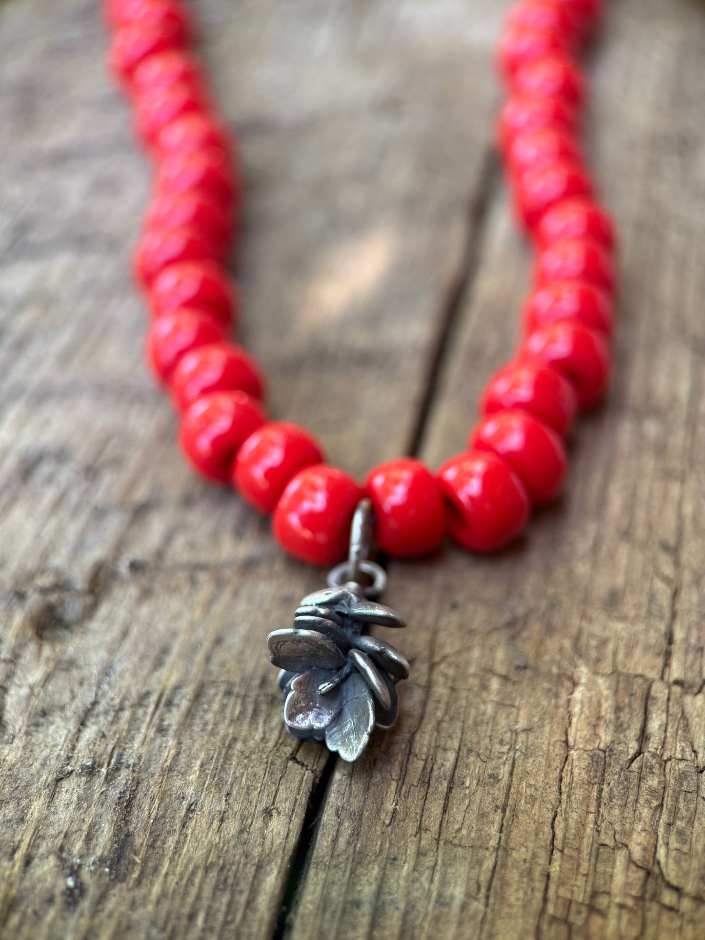 High Desert Bloom | African Trade Bead Necklace with Sterling Silver Succulent Charm