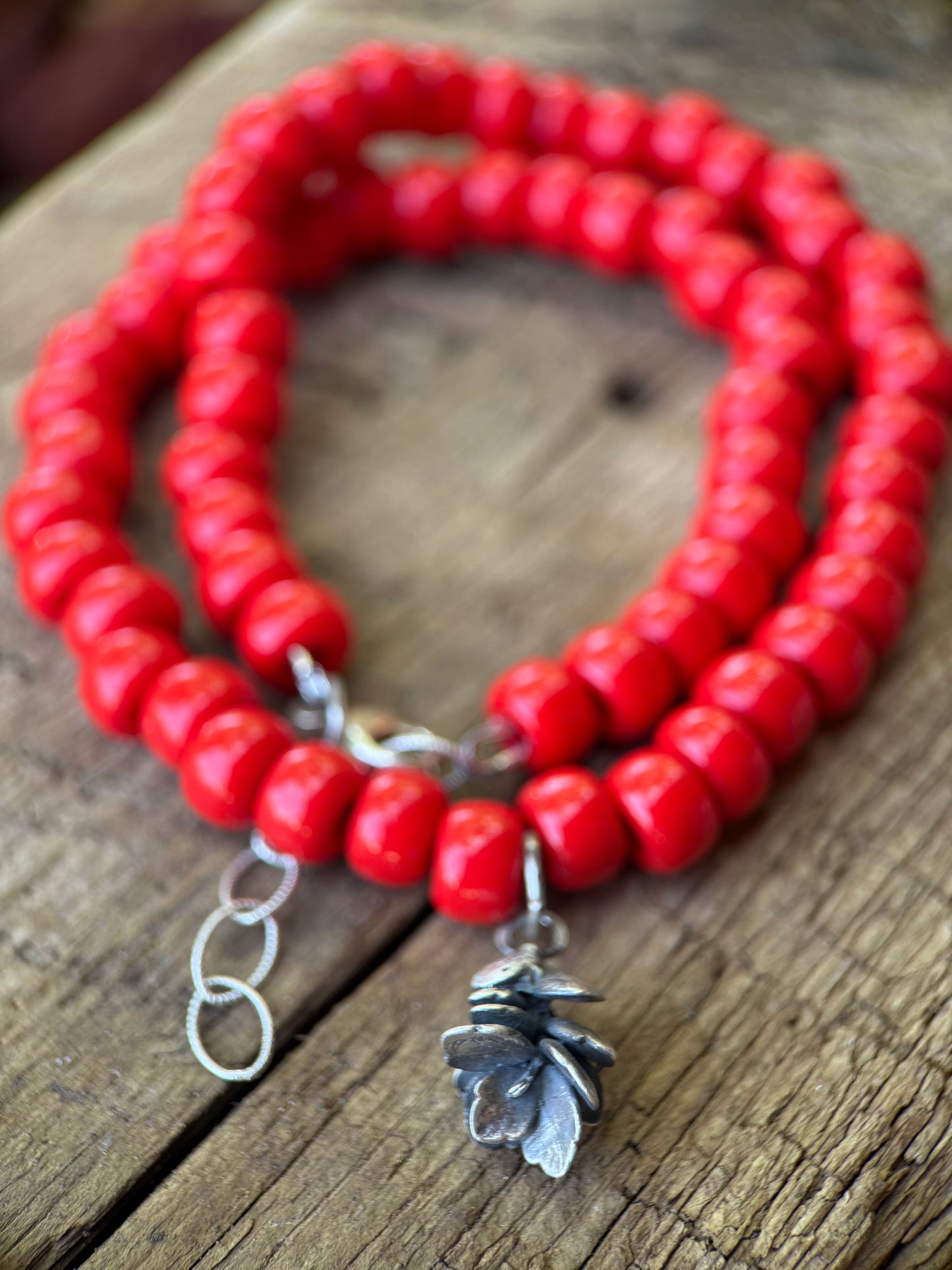 High Desert Bloom | African Trade Bead Necklace with Sterling Silver Succulent Charm