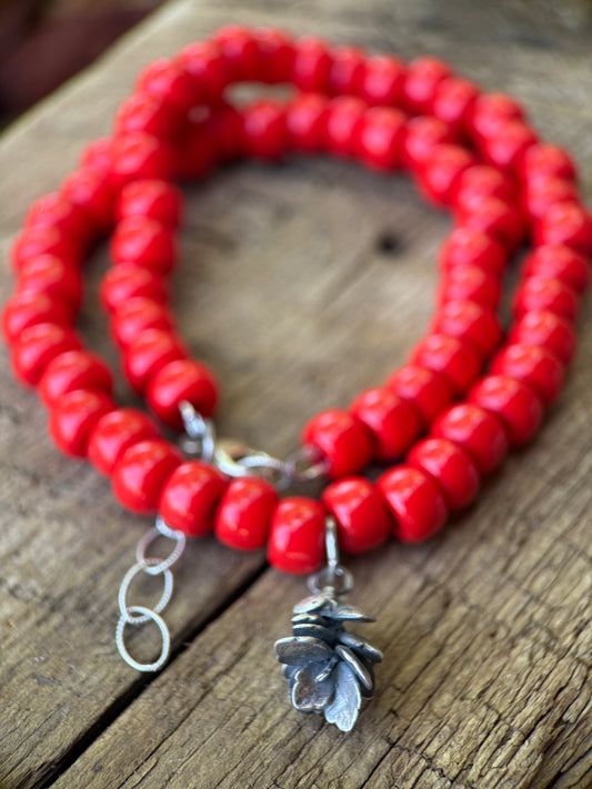 High Desert Bloom | African Trade Bead Necklace with Sterling Silver Succulent Charm