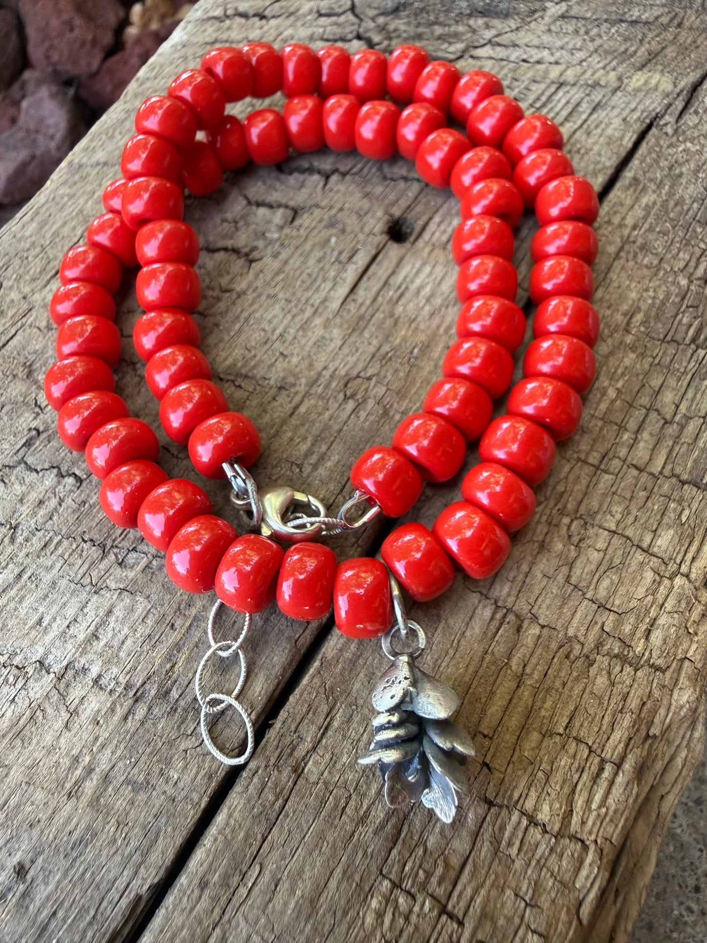 High Desert Bloom | African Trade Bead Necklace with Sterling Silver Succulent Charm