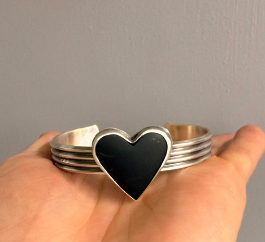 Black Jade Heart + Sterling Silver Cuff Bracelet | Handmade Oxidized Bracelet
