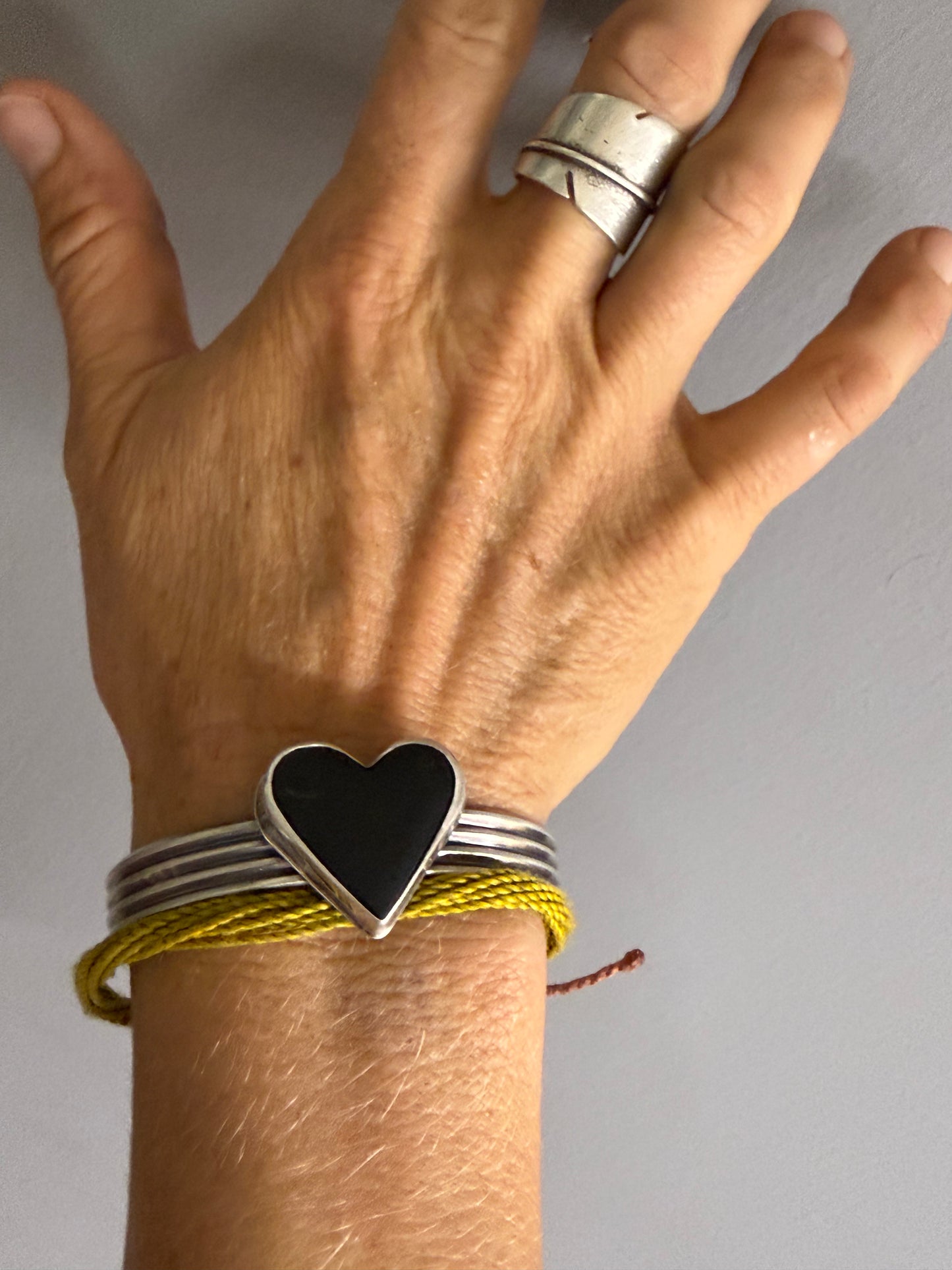 Black Jade Heart + Sterling Silver Cuff Bracelet | Handmade Oxidized Bracelet