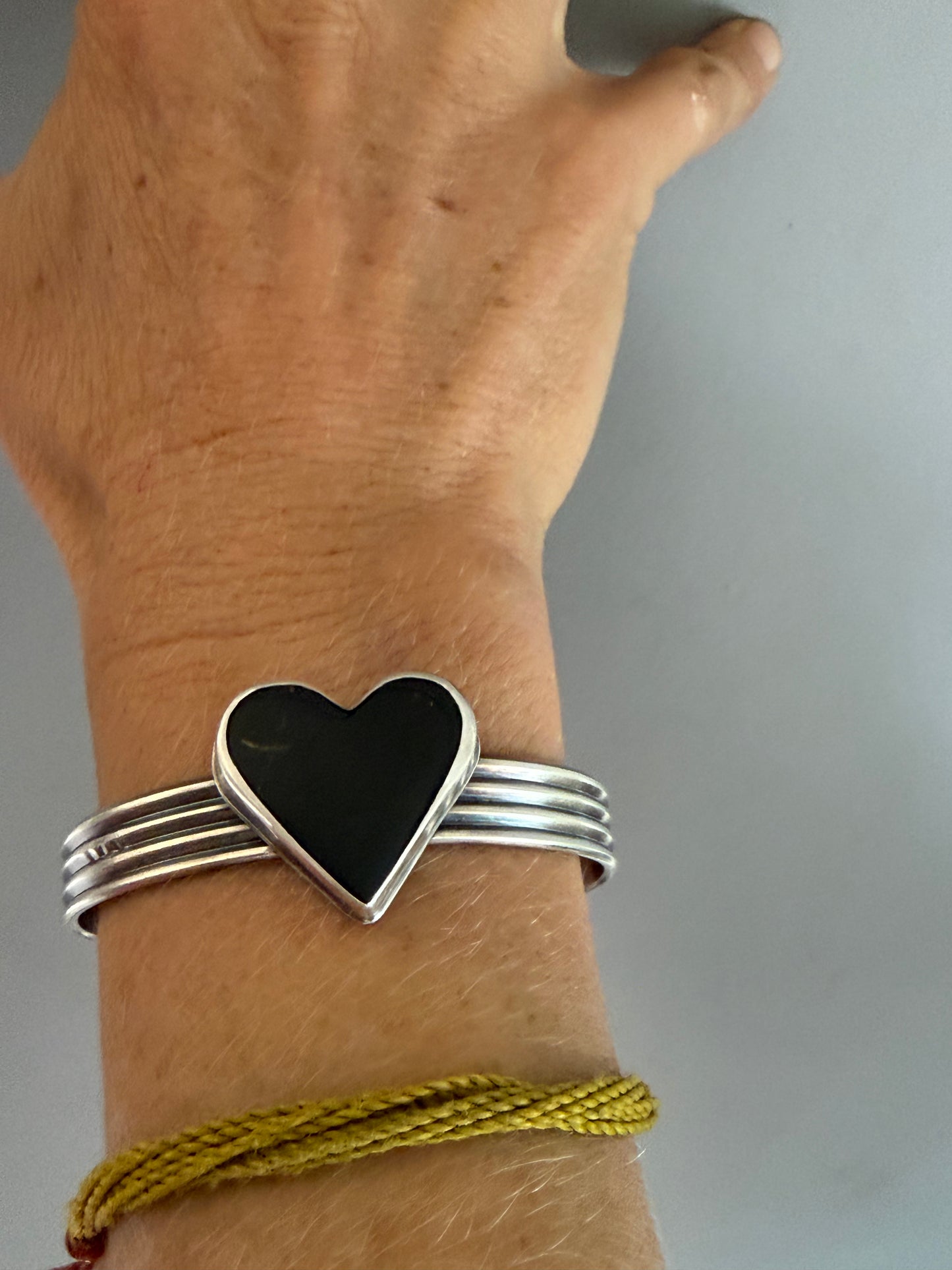 Black Jade Heart + Sterling Silver Cuff Bracelet | Handmade Oxidized Bracelet
