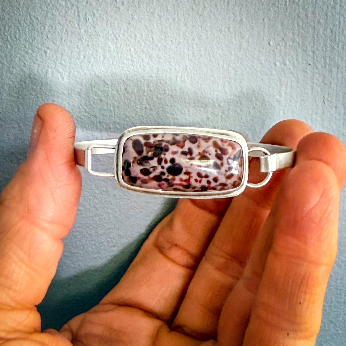 Leopard Jasper Sterling Silver Hinged Cuff Bracelet | Small to Medium Wrist