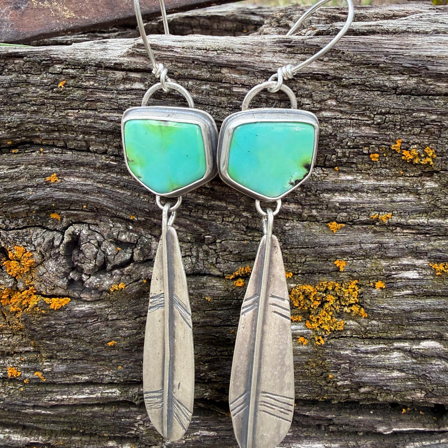 Sonoran Gold Turquoise Feather Earrings | Sterling Silver Dangle Earrings | Handmade in Durango Colorado