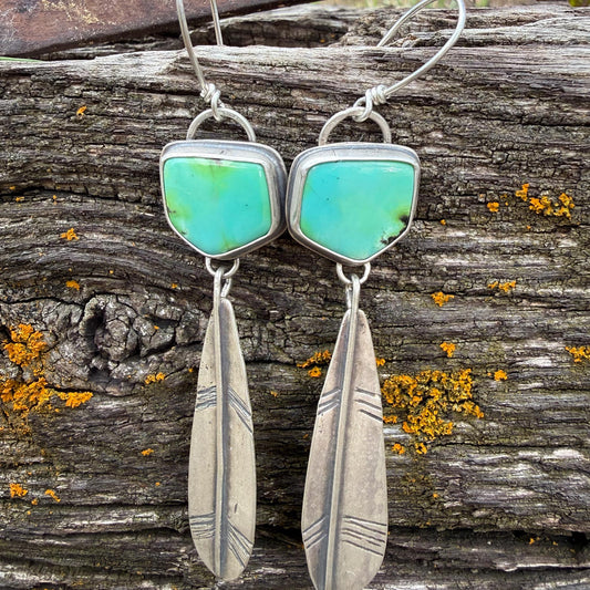 Sonoran Gold Turquoise Feather Earrings | Sterling Silver Dangle Earrings | Handmade in Durango Colorado
