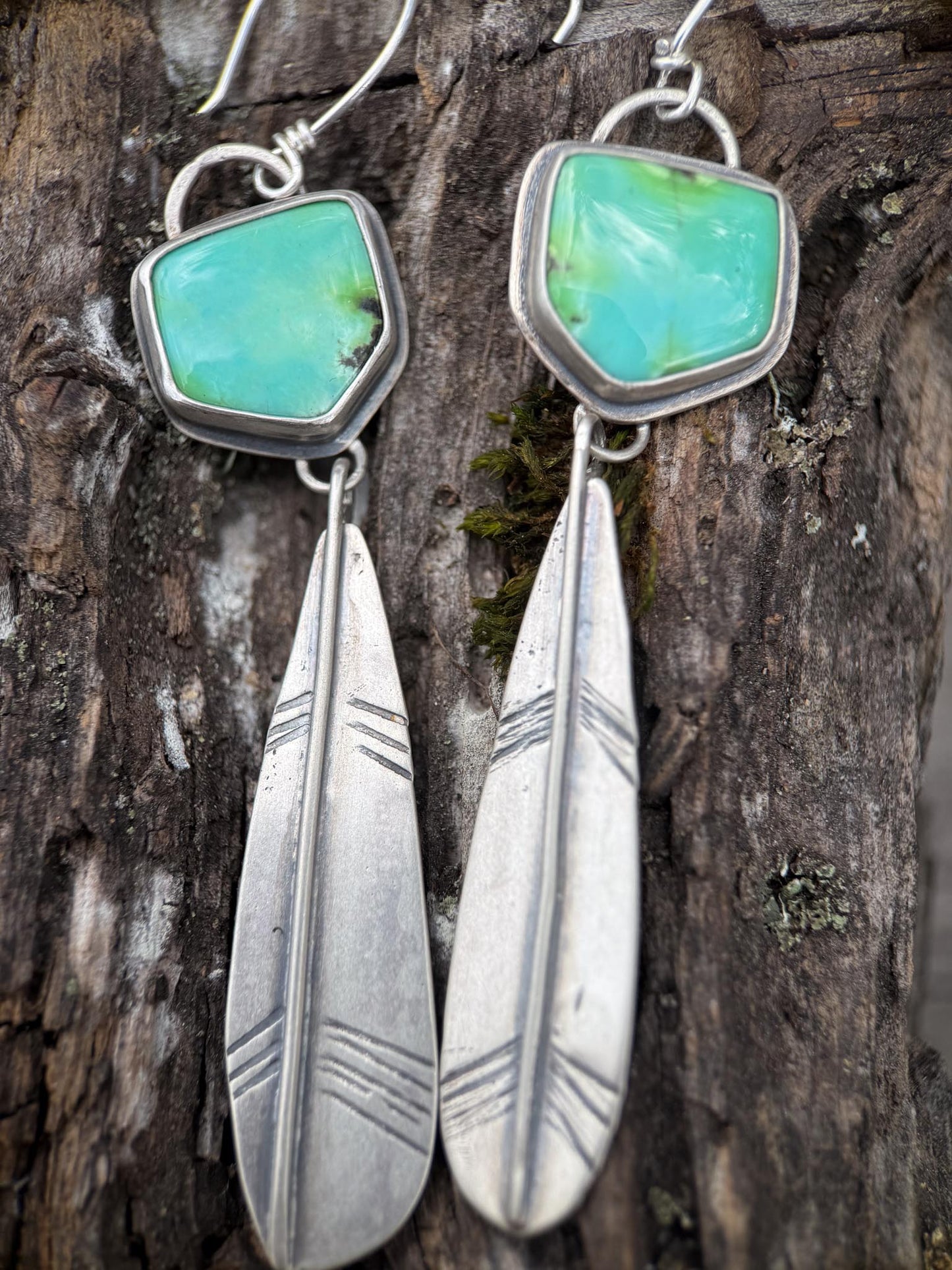 Sonoran Gold Turquoise Feather Earrings | Sterling Silver Dangle Earrings | Handmade in Durango Colorado