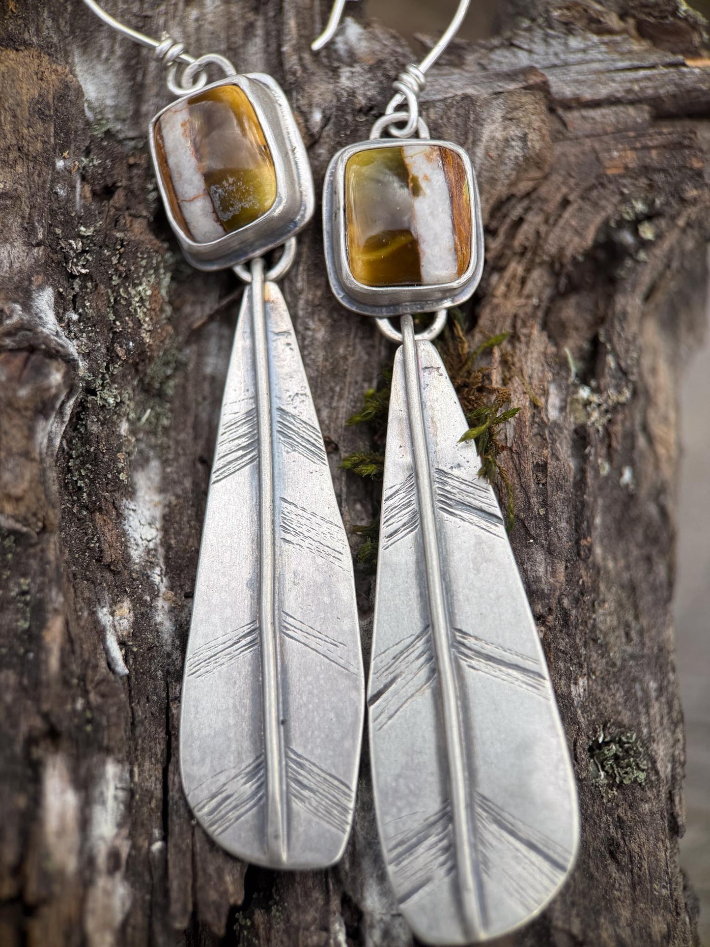 Polychrome Turquoise Feather Earrings | Sterling Silver Dangle Earrings | Handmade in Durango Colorado