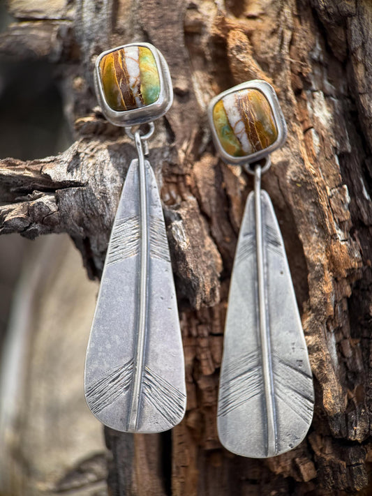 Polychrome Turquoise Feather Stud Earrings | Sterling Silver Dangle Earrings | Handmade in Durango Colorado